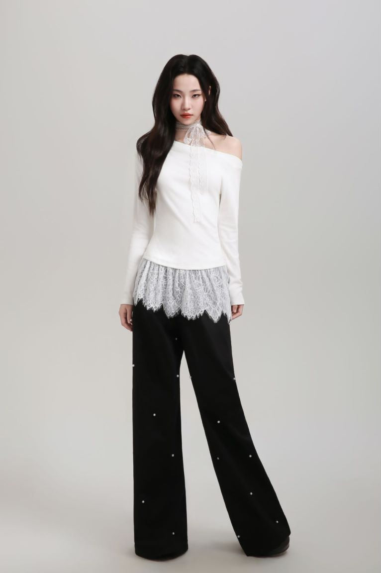 White lace long sleeve women's autumn slim fit ruffle design top