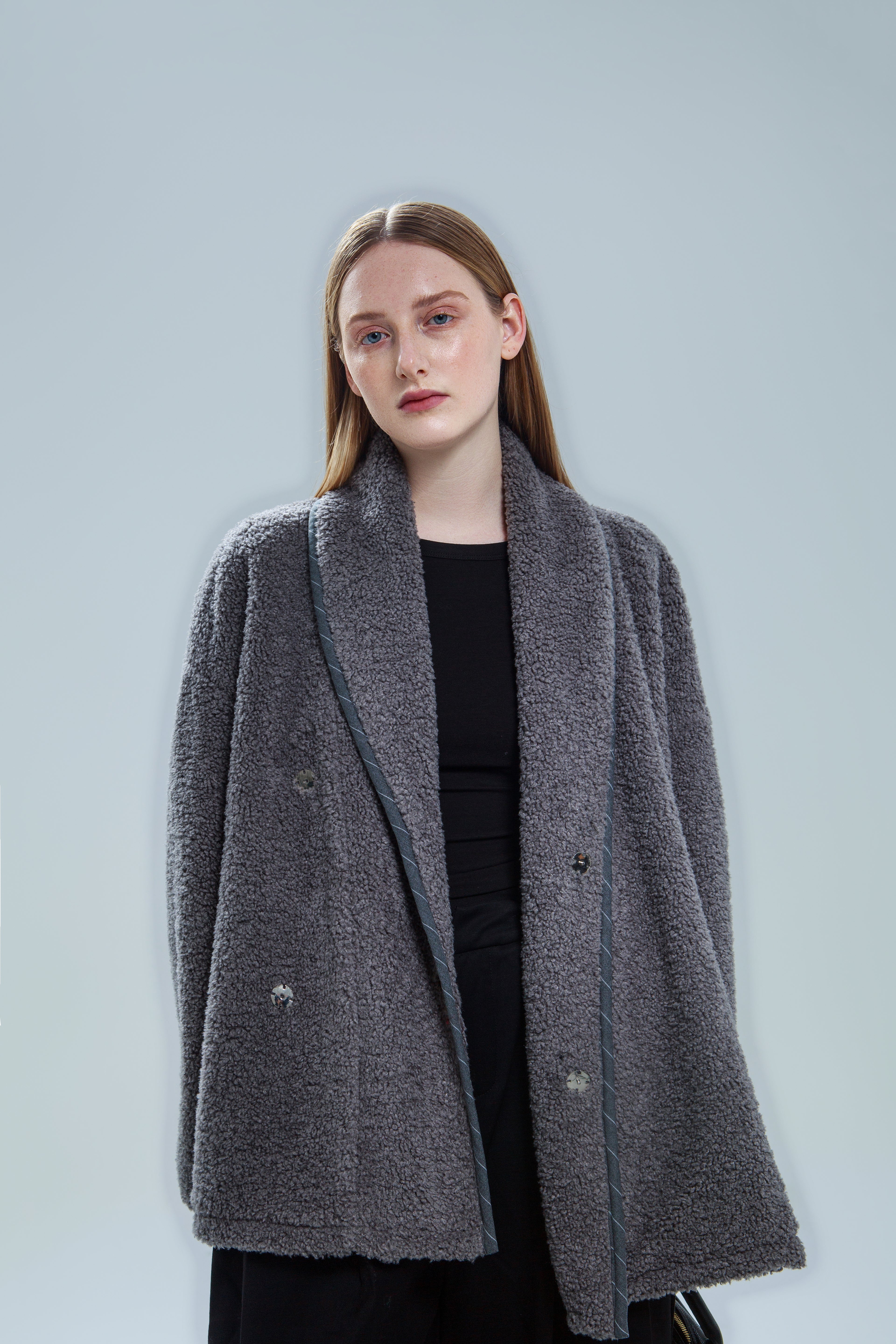 QIN YOZZ autumn and winter lamb wool lazy style cardigan gray coat for women