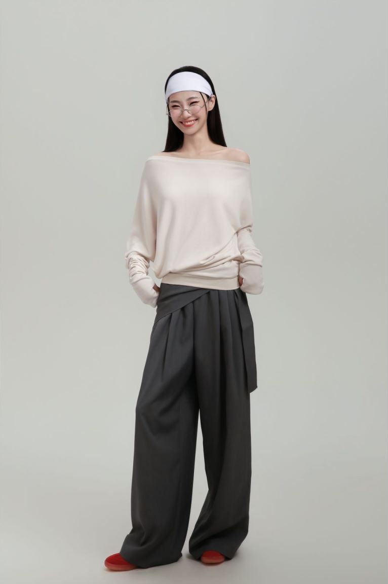 Off-shoulder stacked long sleeves + casual pants