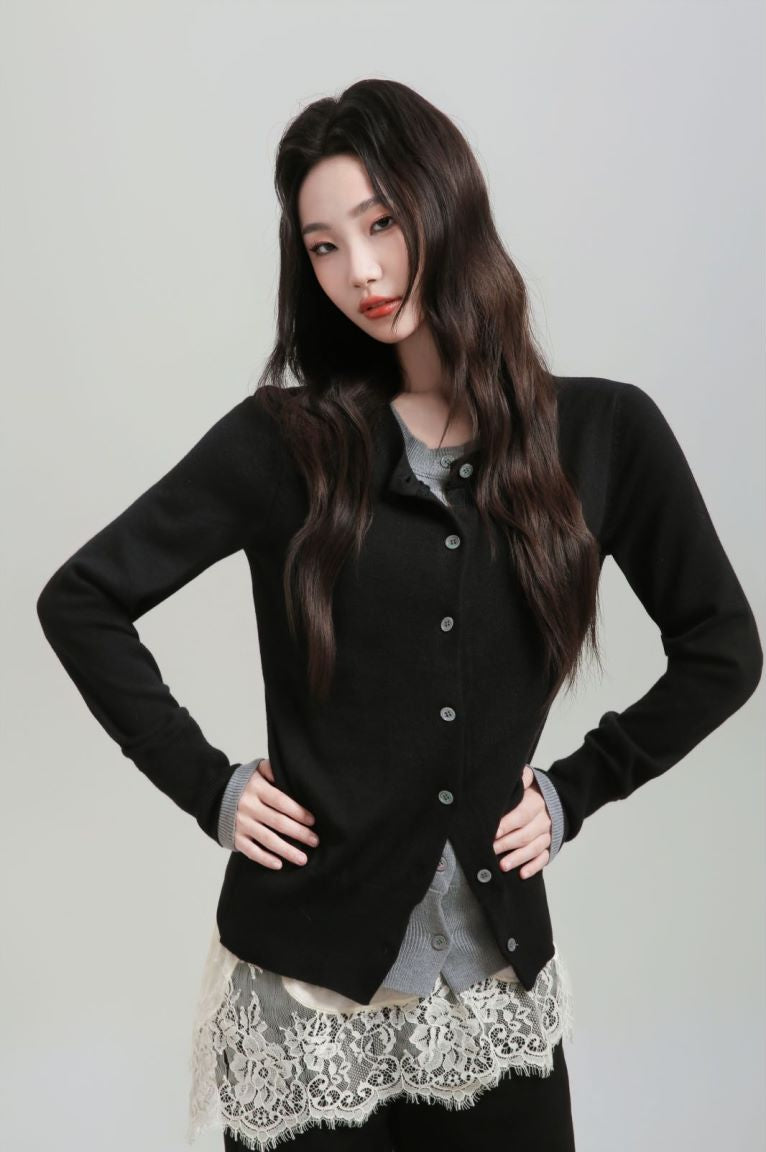 Round neck stitching fake two-piece knitted cardigan