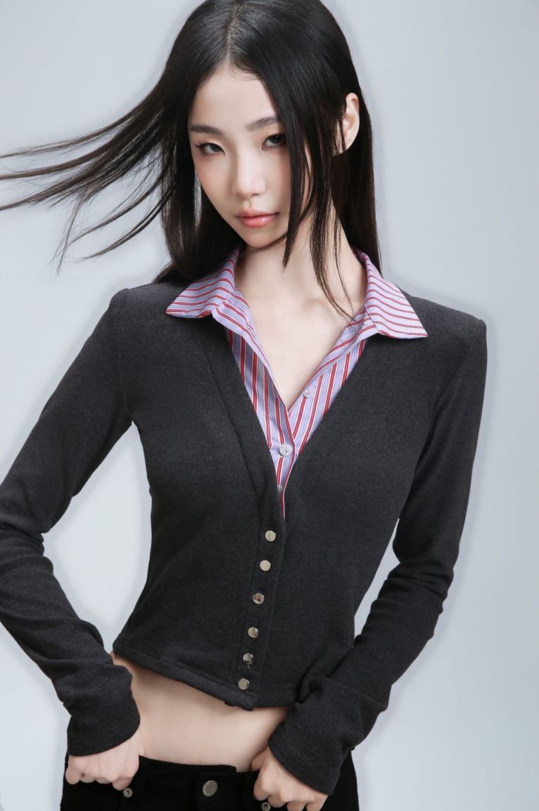 Two-piece long-sleeved tops contrast color lapel knitted cardigan for women