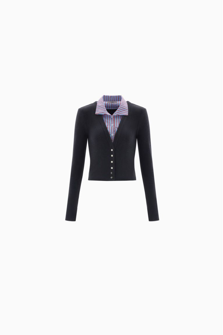 Two-piece long-sleeved tops contrast color lapel knitted cardigan for women